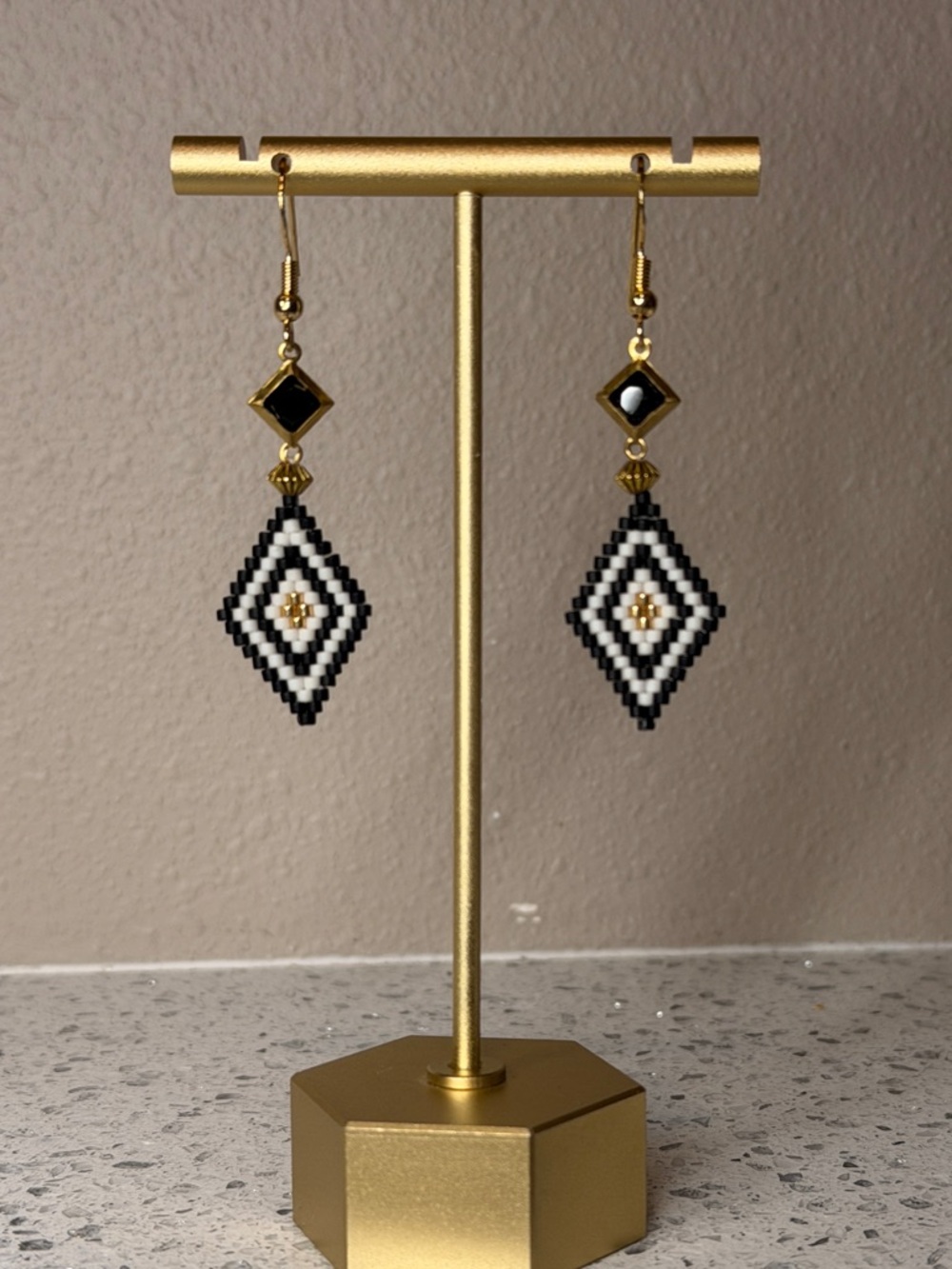 Art Deco Black & Gold Beaded Earrings | Geometric Statement Dangles - Picture 7 of 7